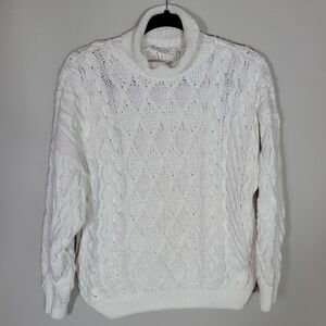 Vintage Nisha Chunky Cable Knit Fisherman Sweater Roll Neck 100% Cotton Ivory